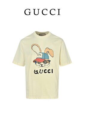 🐰Gucci Cream Bunny Graphic Print Crew Neck Short Sleeve T‑Shirt
